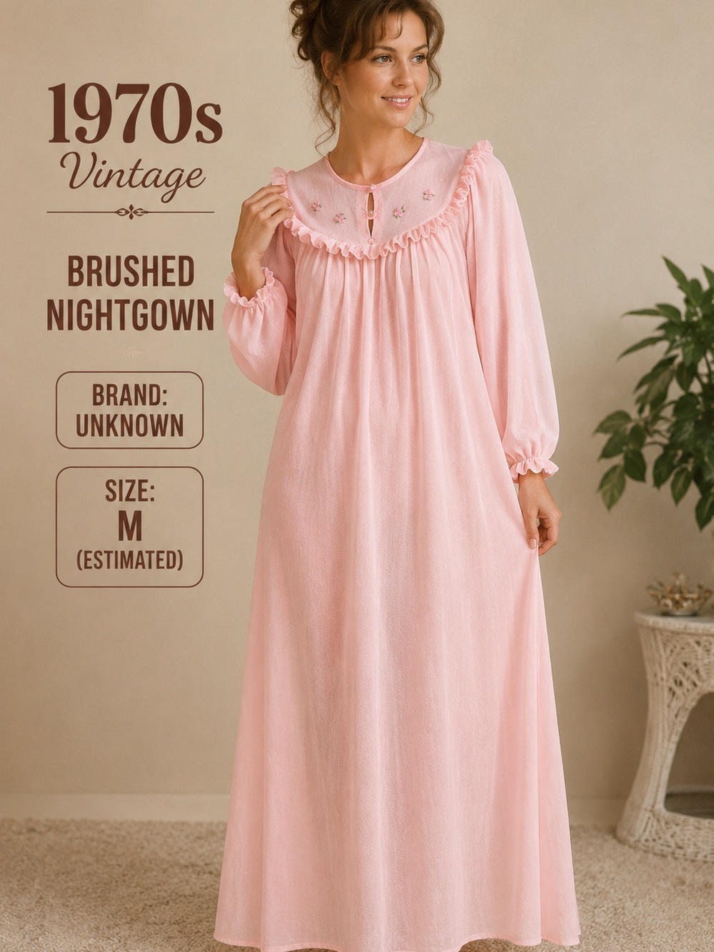 Vintage 1970s Haband For Her Pink Granny Gown Brushed Knit Nightgown M